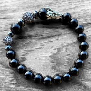 Dragon onyx bracelet . Gemstones black onyx beads cz ball & silver dragon charm